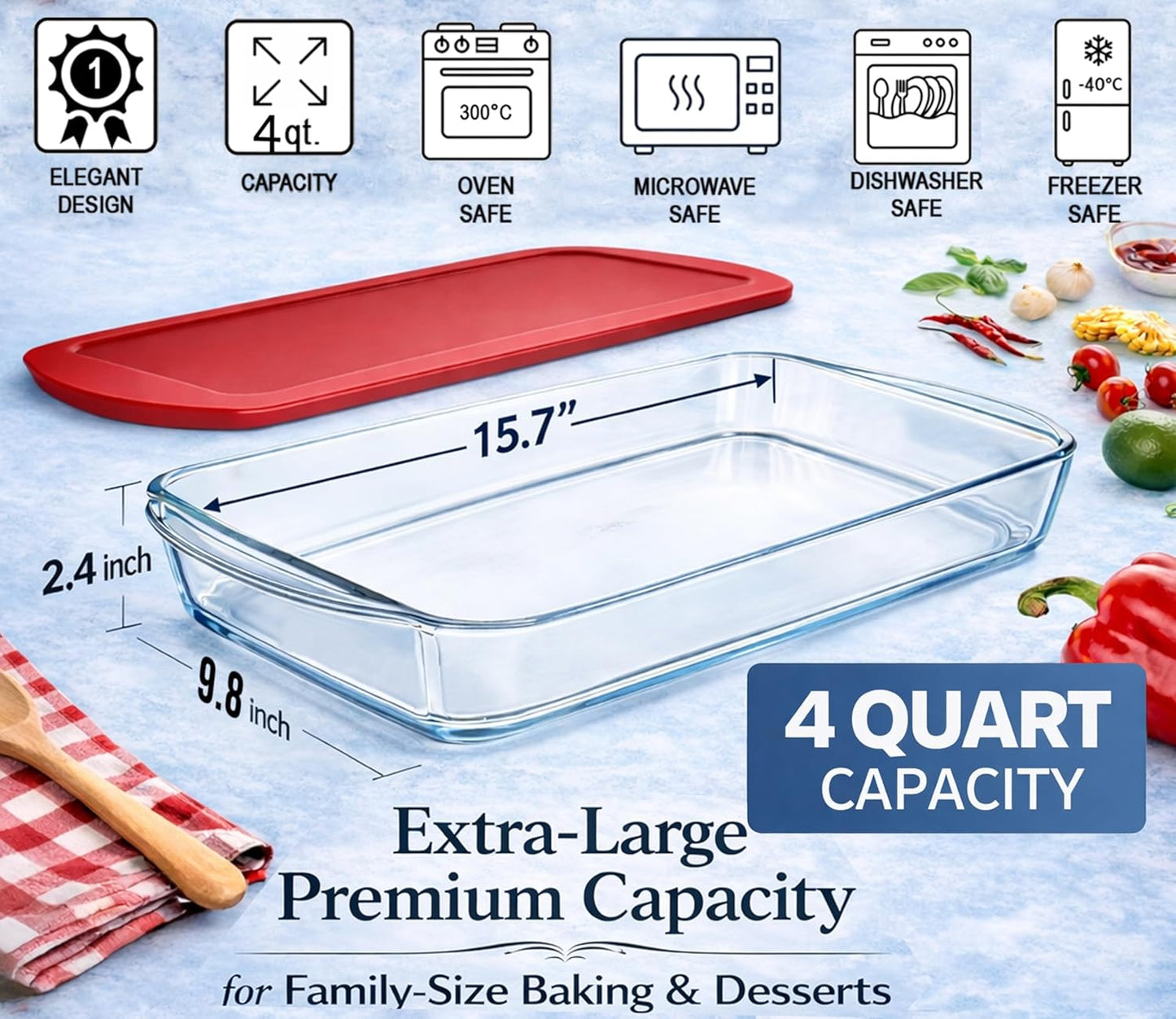 Ums 4-Qt Glass Baking Dish - Borosilicate Casserole with Lid | Oven, Microwave & Dishwasher Safe (15.7'' x 9.8'' x 2.4'')