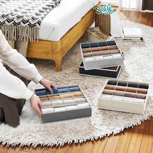 Homsorout Sock Organizers - 64-Cell Fabric Drawer Dividers for Socks & Ties | 4-Pack Black