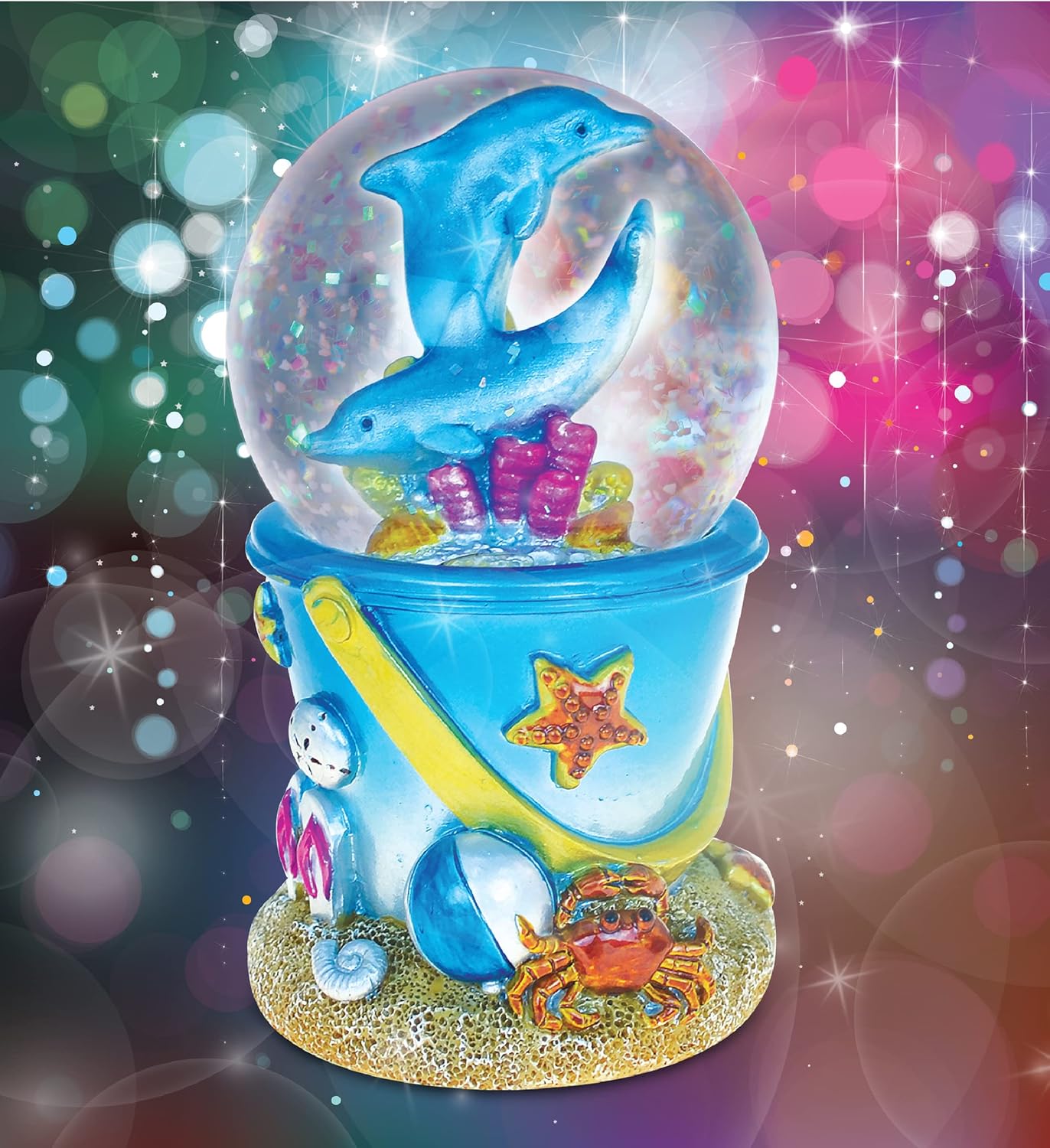 Dolphin Sand Bucket Snow Globe - Sparkling Glitter Water Globe Figurine for Home Decor, Collectible Novelty Ornament - 65mm