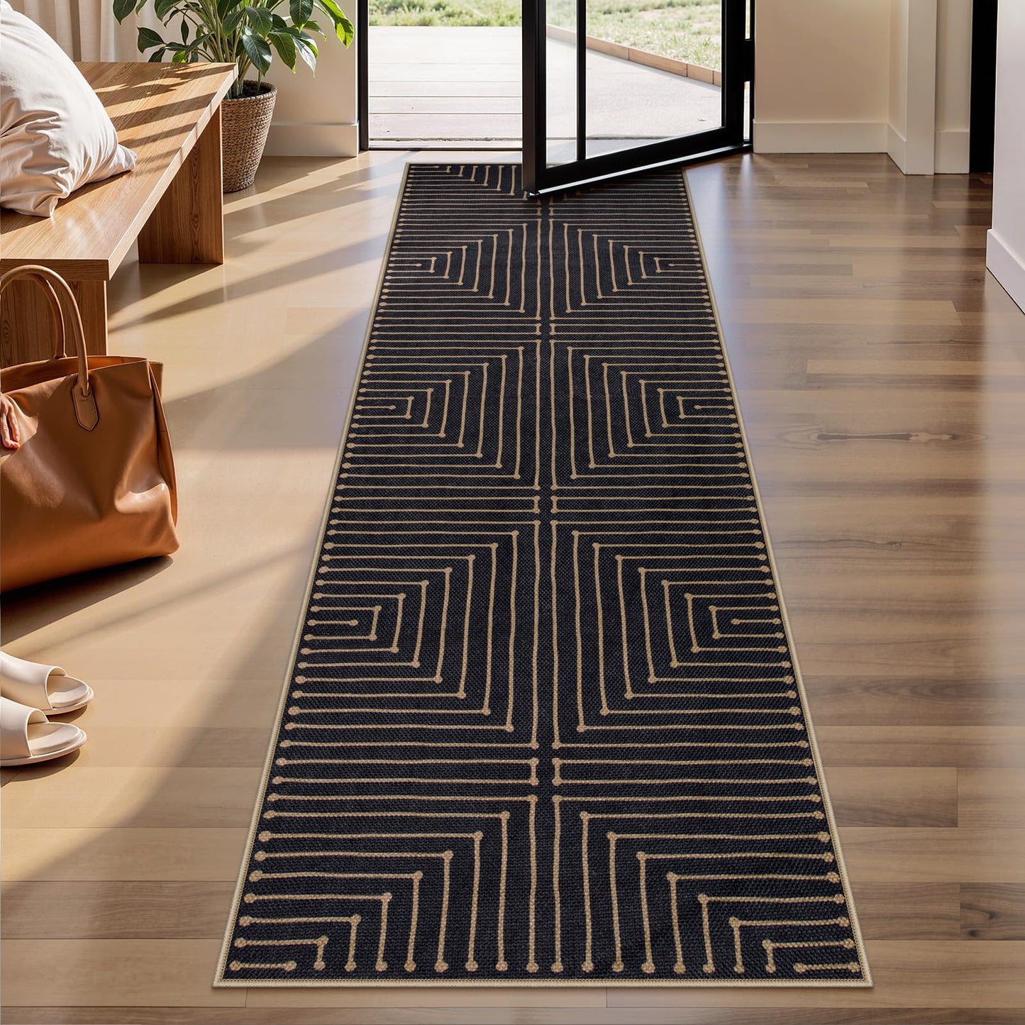 Lahome Neutral Geometric Kitchen Rugs, 2x8 Washable Entryway Hallway Runner Rug Non Slip, Farmhouse Rhombus Low Pile Non Shedding Black Indoor Outdoor Carpet Runner for Laundry Room
