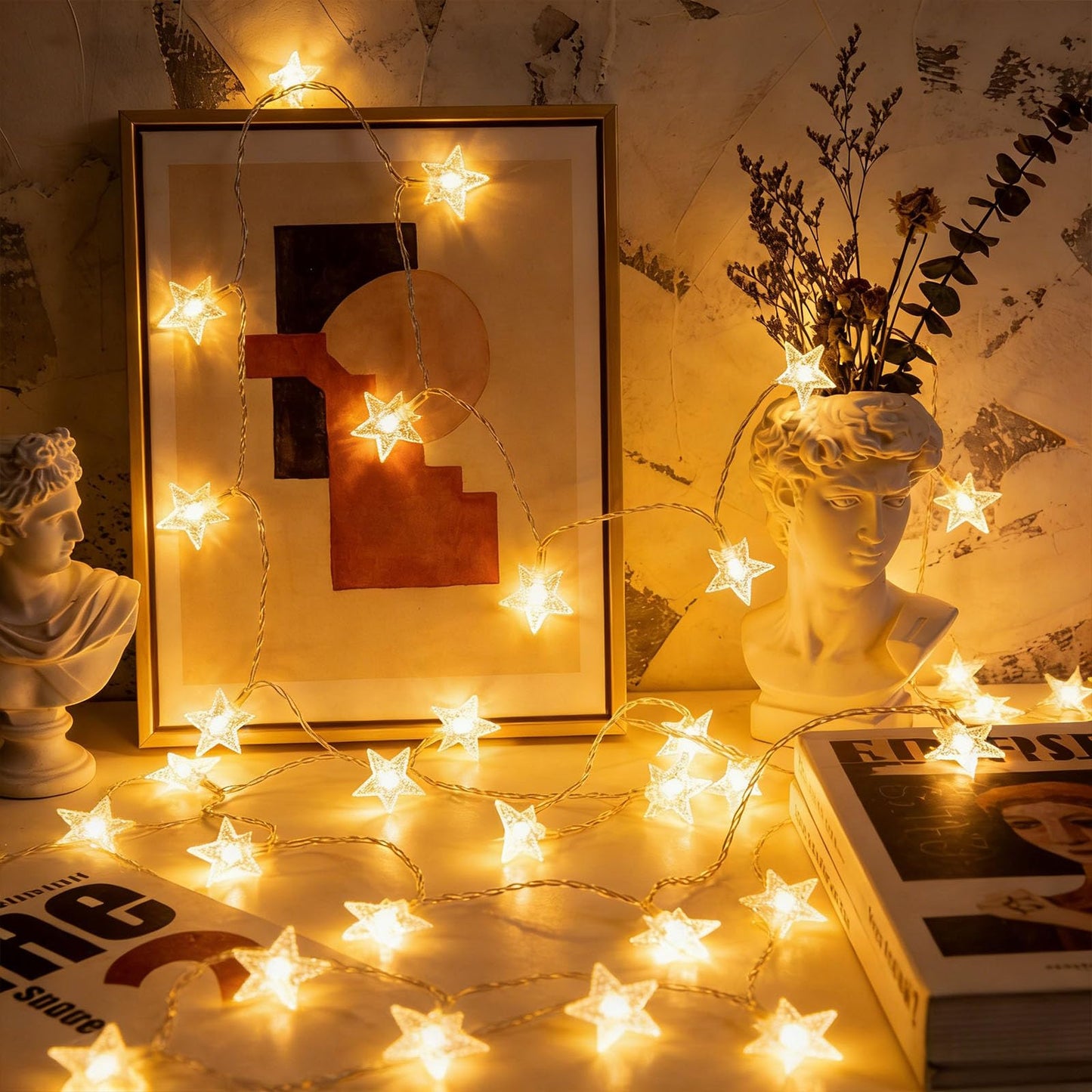 Star String Lights for Bedroom - 17 Ft 50 LED Fairy Christmas Lights Battery Operated, Indoor Outdoor Waterproof Star Twinkle Light for Tent Loft Bed Party Camping Decor