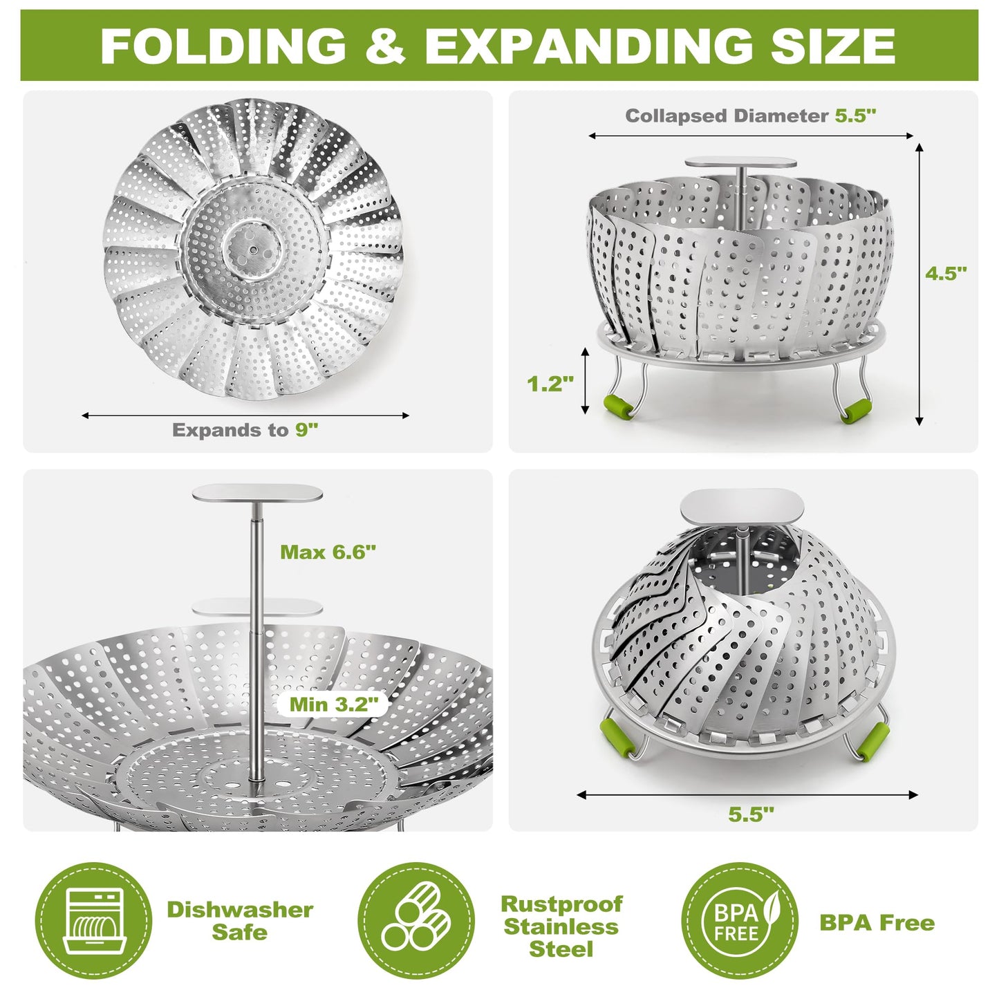 Pavsrmy Steamer Basket, 3rd Generation Stainless Steel Vegetable Steamer with Extendable Handle for Cooking Food, Folding & Expandable Veggie Steam Insert, Fit Various Size Instant Pot (5.5" to 9")