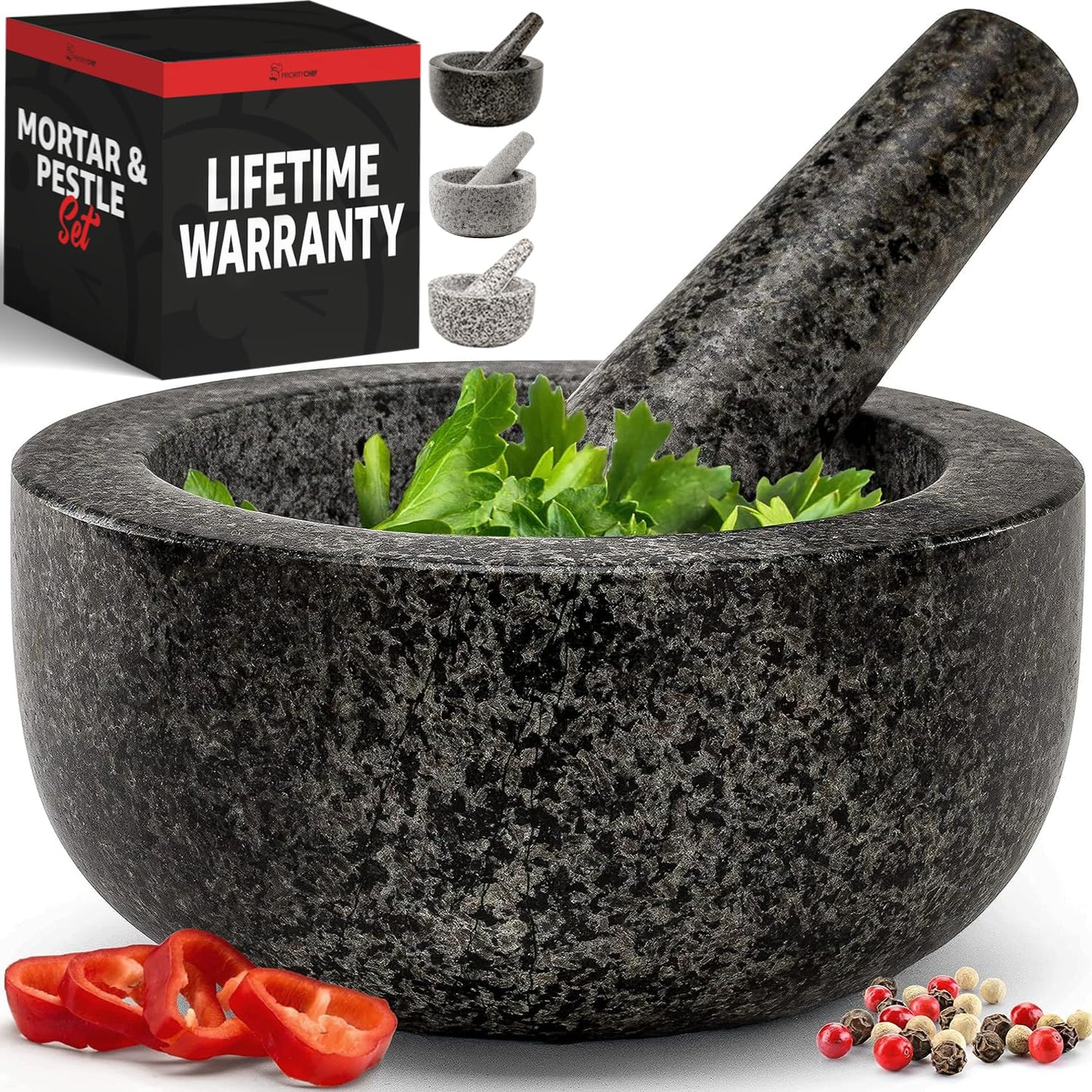 Priority Chef Heavy Duty Granite Mortar and Pestle Set - 2 Cup Capacity, Non-Slip Base, 6.3 Inch Black
