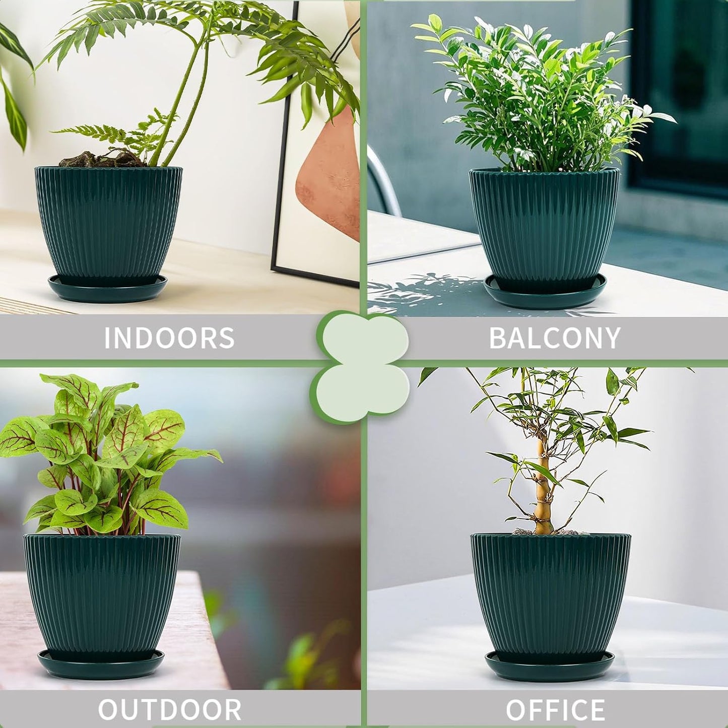 Skiennix Indoor Plant Pots - 6 Pack Plastic Planters with Saucers & Drainage - Dark Green, Various Sizes (3.5"-7.5")