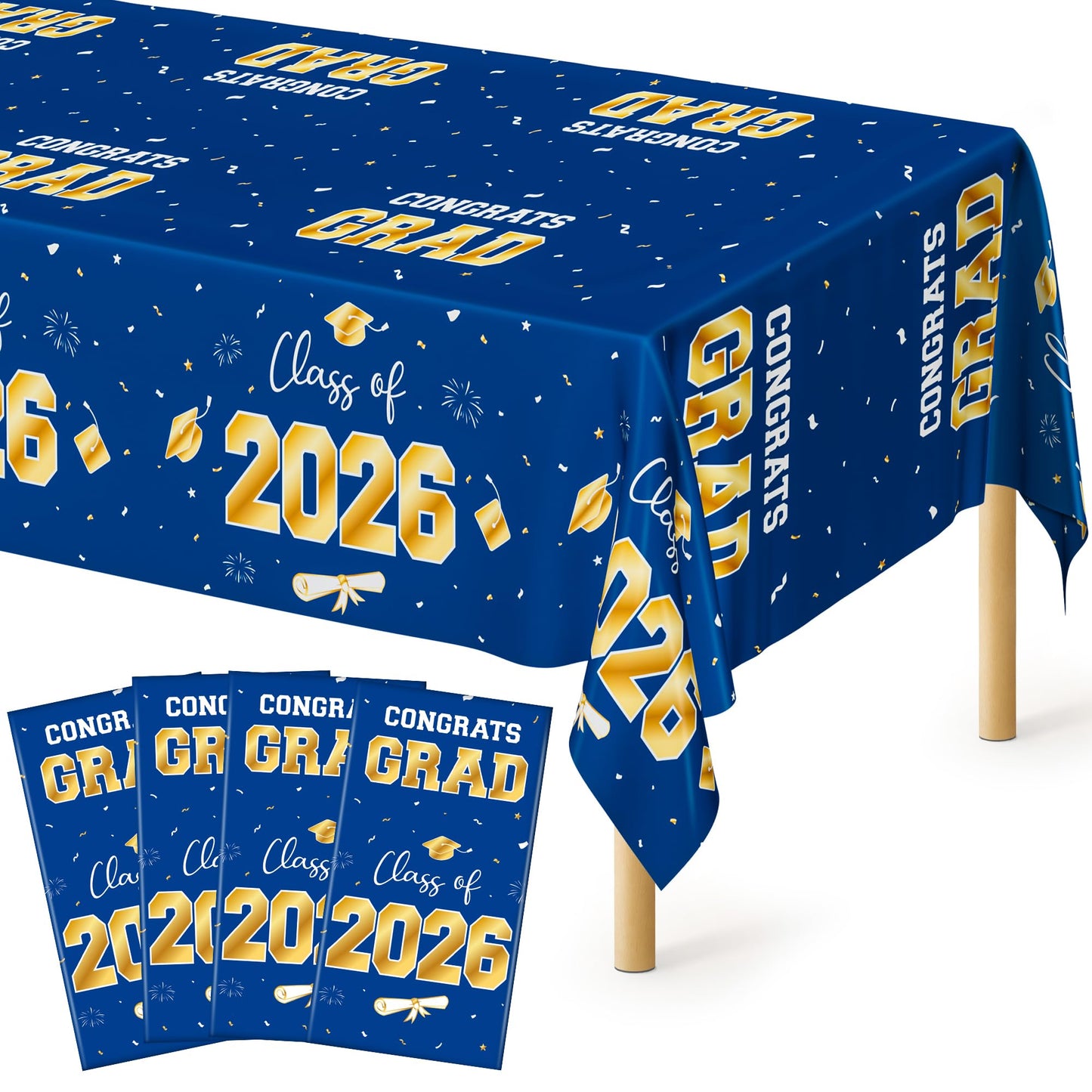 QZYL 4 Pack Graduation Decorations 2026, 54" x 108" Blue and Gold Disposable Graduation Table Cloths, Grad Party Decorations for Class of 2026, Rectangle Plastic Tablecloth for College Congrats Grad