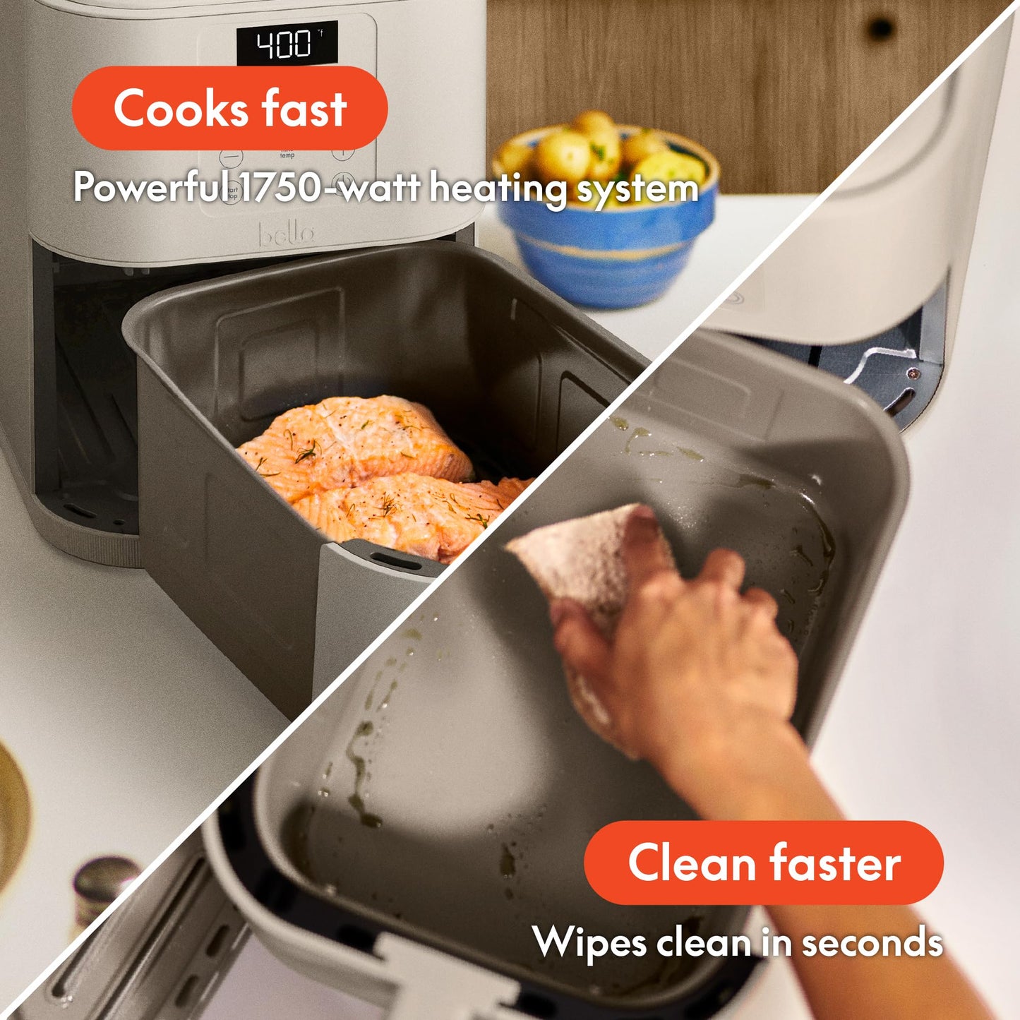 bella 6 Qt Slim Air Fryer, Fits-anywhere™ Kitchenware, EverGood™ Ceramic Nonstick Coating, Adjustable Temperature, 6 Preset Cooking Options, 60 Min Auto Shutoff w Audible Tone, 5lb Capacity, Oatmilk