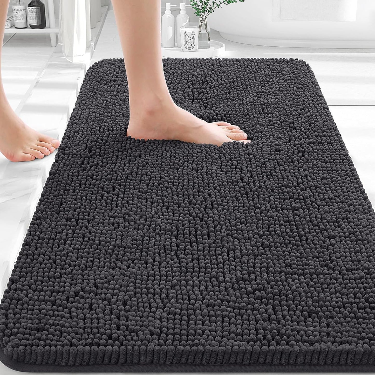 OLANLY Bathroom Rugs - Extra Soft Chenille Bath Mats with Rubber Backing | Quick Dry, 30x20, Dark Grey