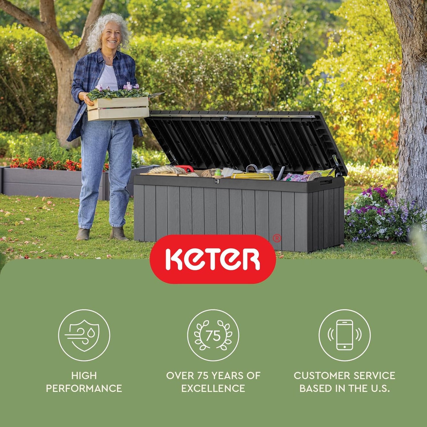 Keter Darwin 100 Gallon Resin Deck Box - Outdoor Storage for Furniture, Cushions & Tools | Grey & Black