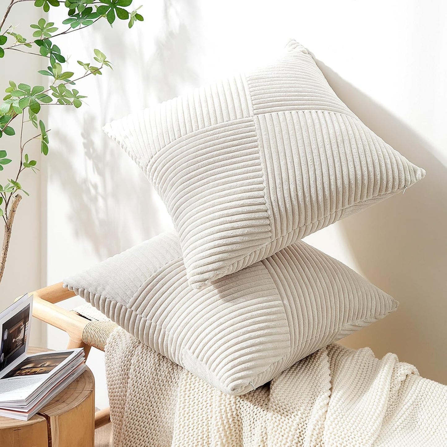 Topfinel Decorative Pillow Covers - Soft Corduroy Striped Patchwork | Set of 2, 12x12 Inch, Cream White