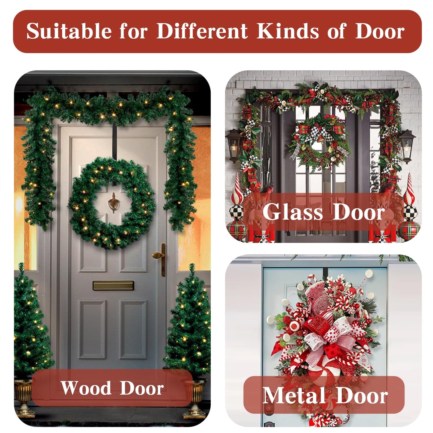 Wreath Door Hanger, Black Wreath Hanger for Front Door, Adjustable Wreath Hanger from 15 to 25 Inches Wreath Hangers, Metal Doors Wreath Hangers for Christmas, Spring, Easter Decorations Wreaths