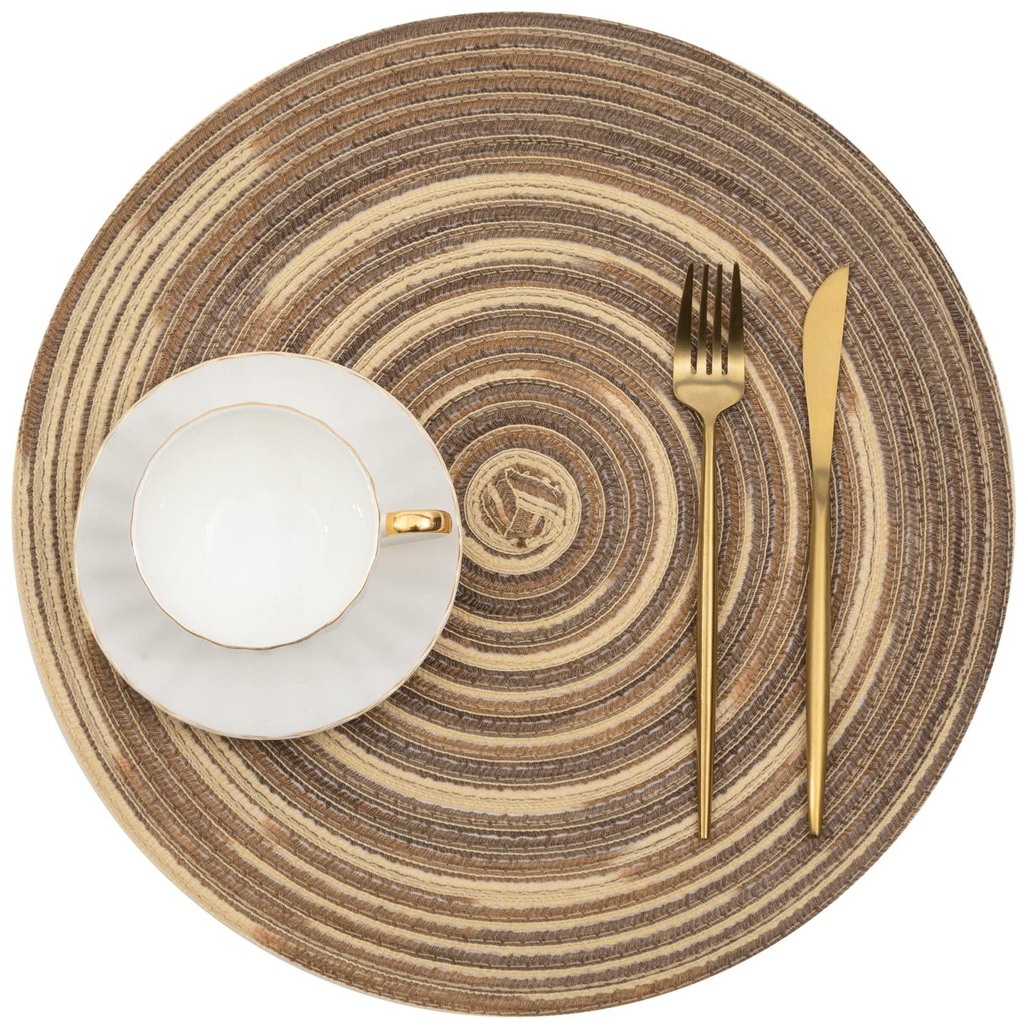 SHACOS Round Braided Placemats 15 inch Set of 4 Variegated Washable Kitchen Table Place Mats Table Mats for Home Wedding Party (Rainbow Brown, 4)