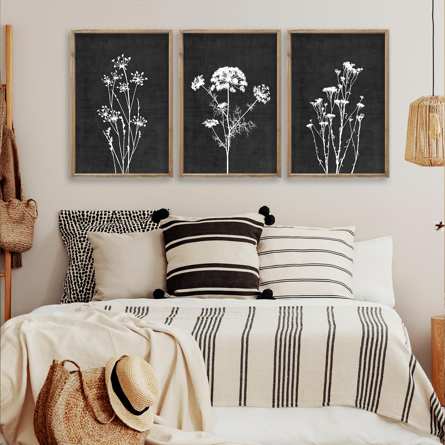 Flower Plant Wall Art Decor 24"x16" Set of 3 Black And White Botanical Painting Wood Framed For Minimalist Bedroom Office Rustic Living Room Abstract Wildflower Sign Hanging (Wood Black)