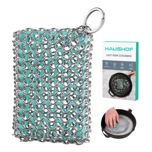 HAUSHOF Cast Iron Scrubber, Chainmail Scrubber with Silicone Core, Premium Cast Iron Cleaner for Skillet, Pan, Dutch Oven