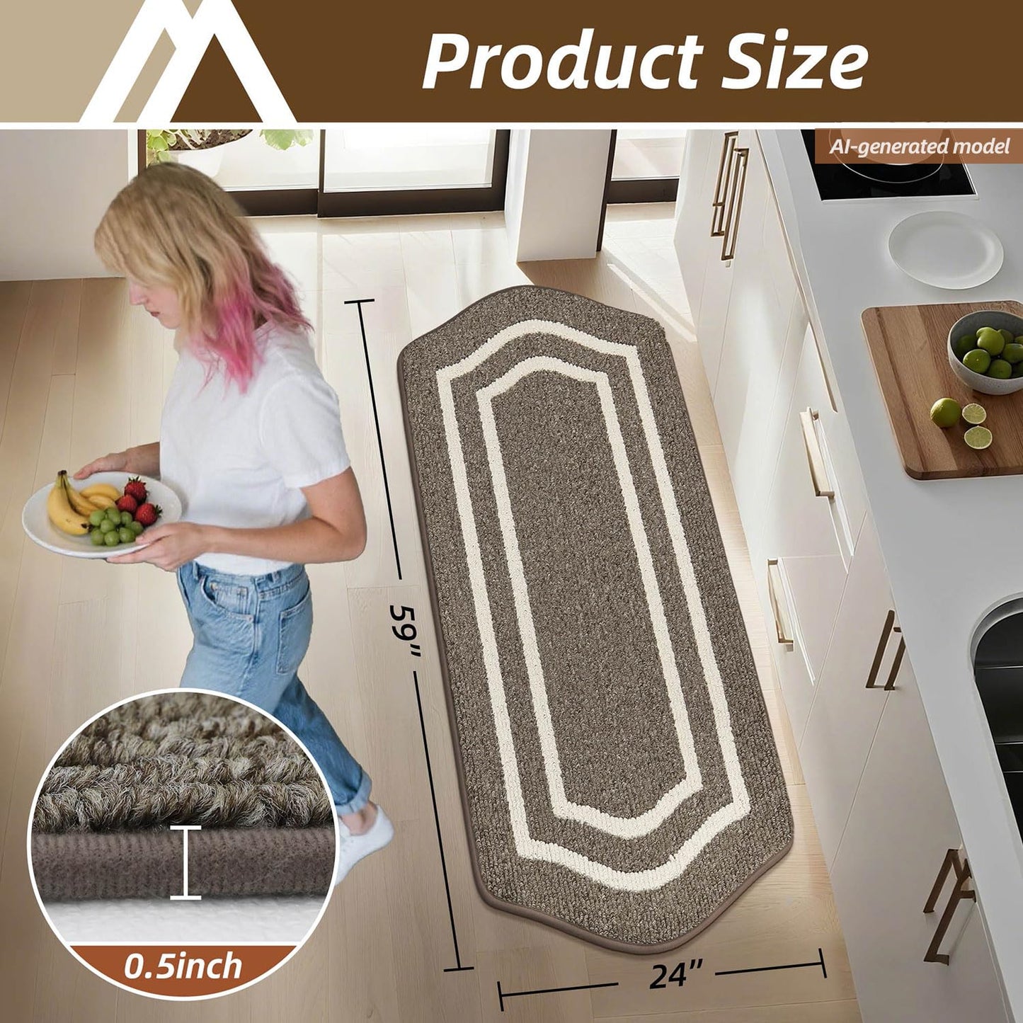 COSY HOMEER Long Kitchen Floor Mats for in Front of Sink Super Absorbent Kitchen Rugs and Mats 24"x59" Non-Skid Kitchen Mat Standing Mat Washable,Polypropylene,Brown,Frame