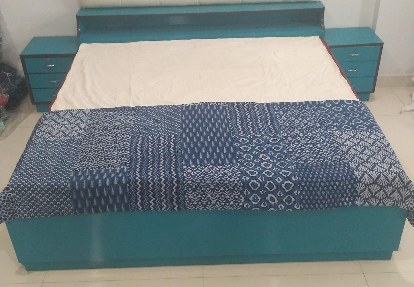 Trade Star Reversible Kantha Quilt Ethnic Cotton Queen Size Ajarak Bedspread Throw for Home Decor (Pattern 11)