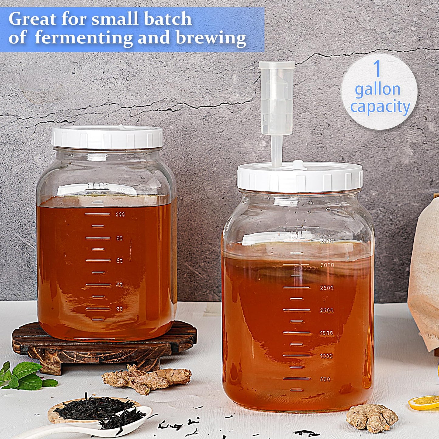 Folinstall 2 Pack 1 Gallon Large Fermentation Jars w 2 SCREW Lid and 3 Airlock - 100% Airtight Lid, Wide Mouth Glass Jar, Pickle Jar w Scale Mark for Sourdough Starter