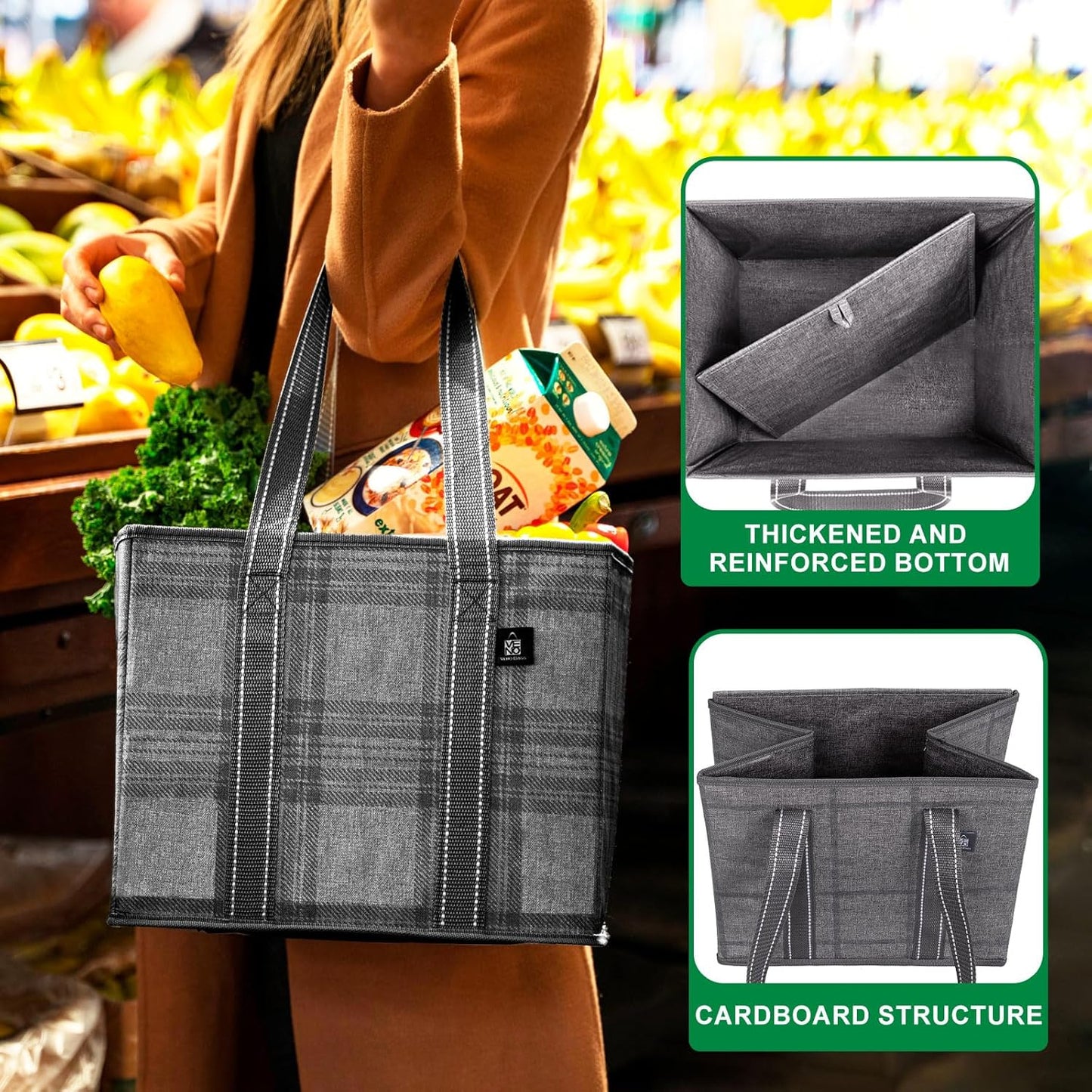 VENO Reusable Grocery Bags - Heavy-Duty Utility Tote with Handles, Water Resistant | 3 Pack, 6 Gallon