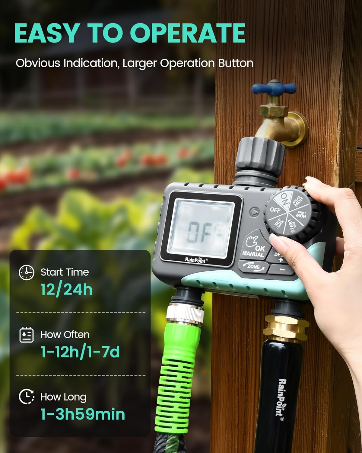 RAINPOINT Sprinkler Timer - 2 Outlet Programmable Water Timer for Garden Hose | LCD Display, Rain Delay & Manual Control