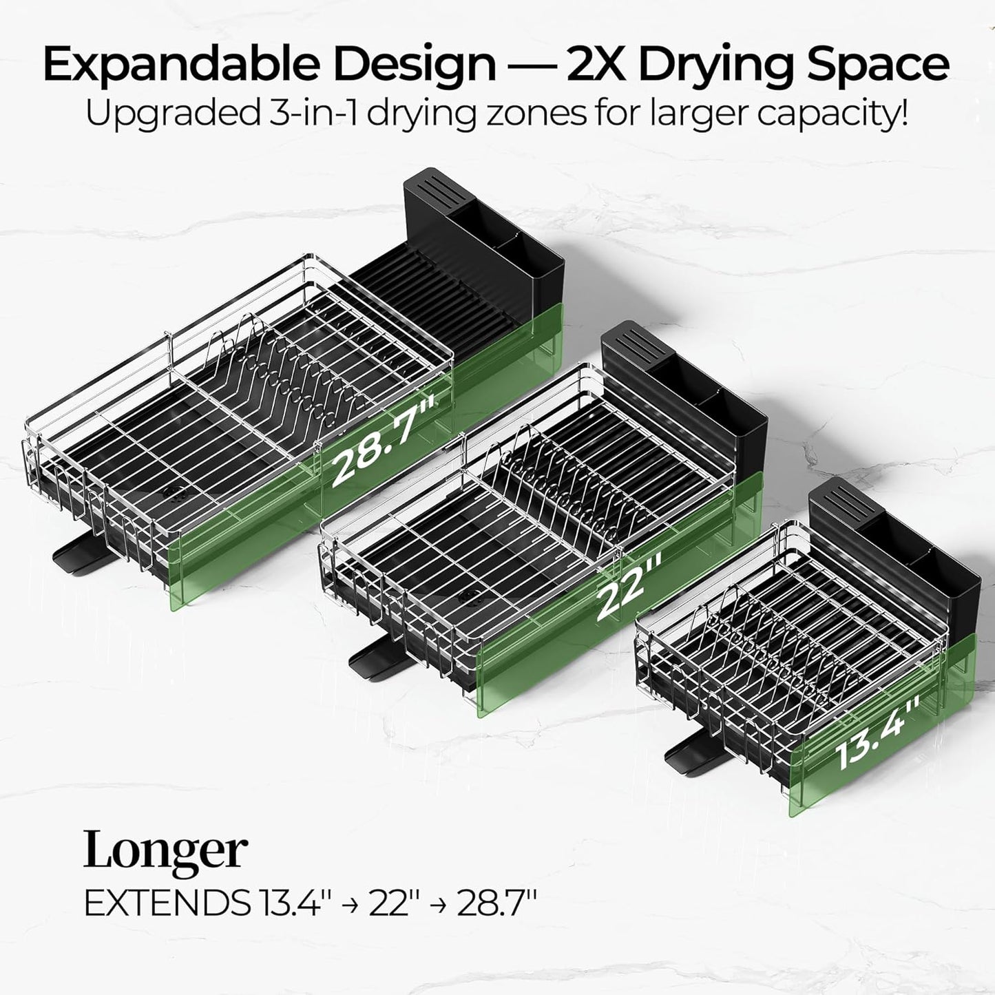 Skiennix Large Expandable Dish Drying Rack - Stainless Steel Anti-Rust Kitchen Drainer | 13.4"-28.7" L x 11.8" W