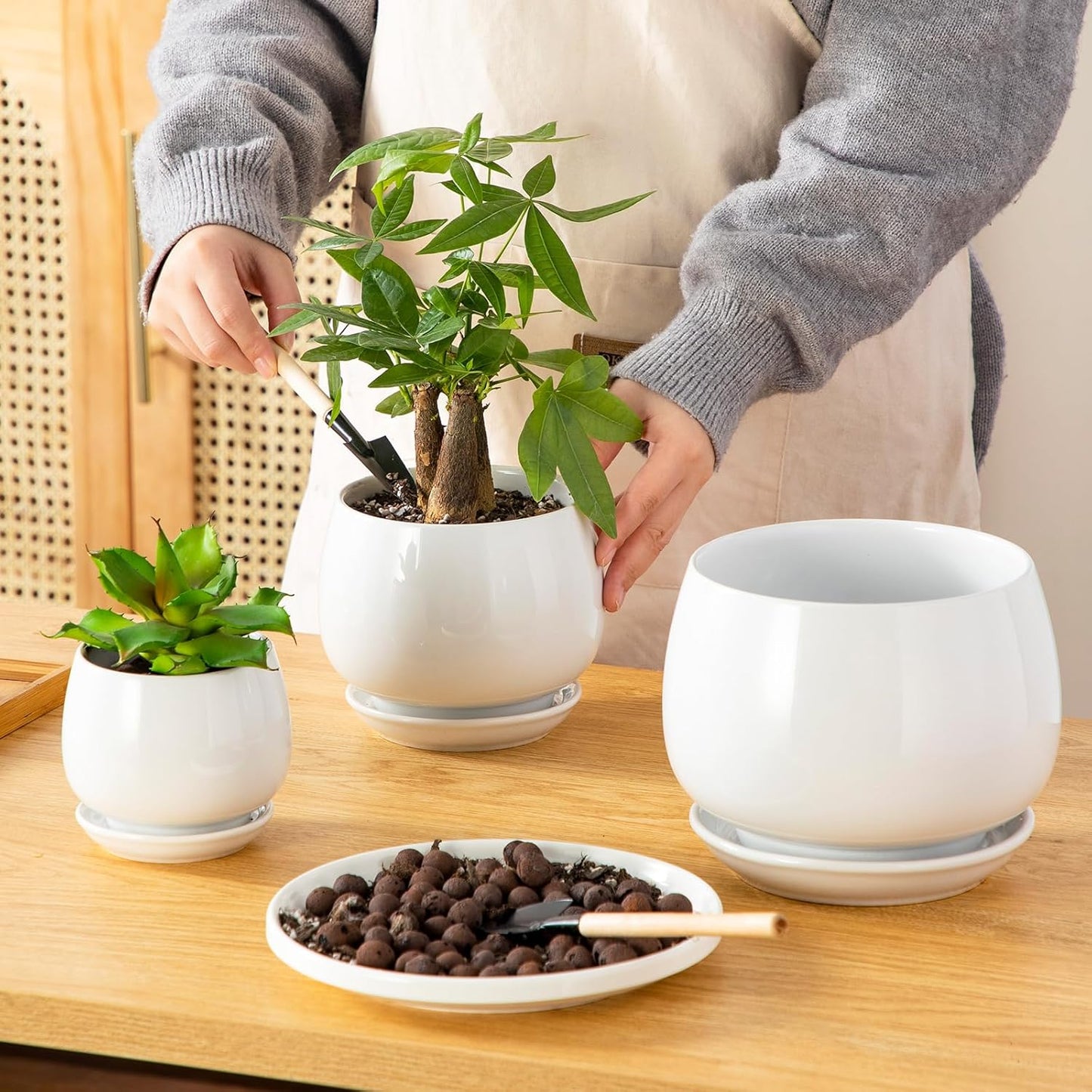 Vancasso Ceramic Plant Pots - 3-Pack Indoor Planters with Saucers & Drainage Holes | White, 3.7-6.2 Inch