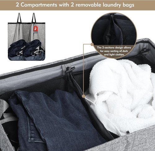 DOKEHOM 150L Double Laundry Basket - Large Collapsible Hamper with Lid & Removable Bags | Grey