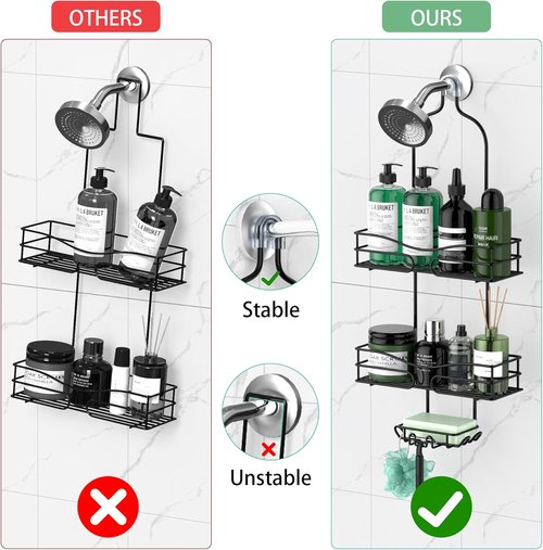 DAOYA Bathroom Shower Caddy - 3-Tier Organizer with Soap Holder & 6 Hooks | Fits 21mm Shower Head Arm, Black