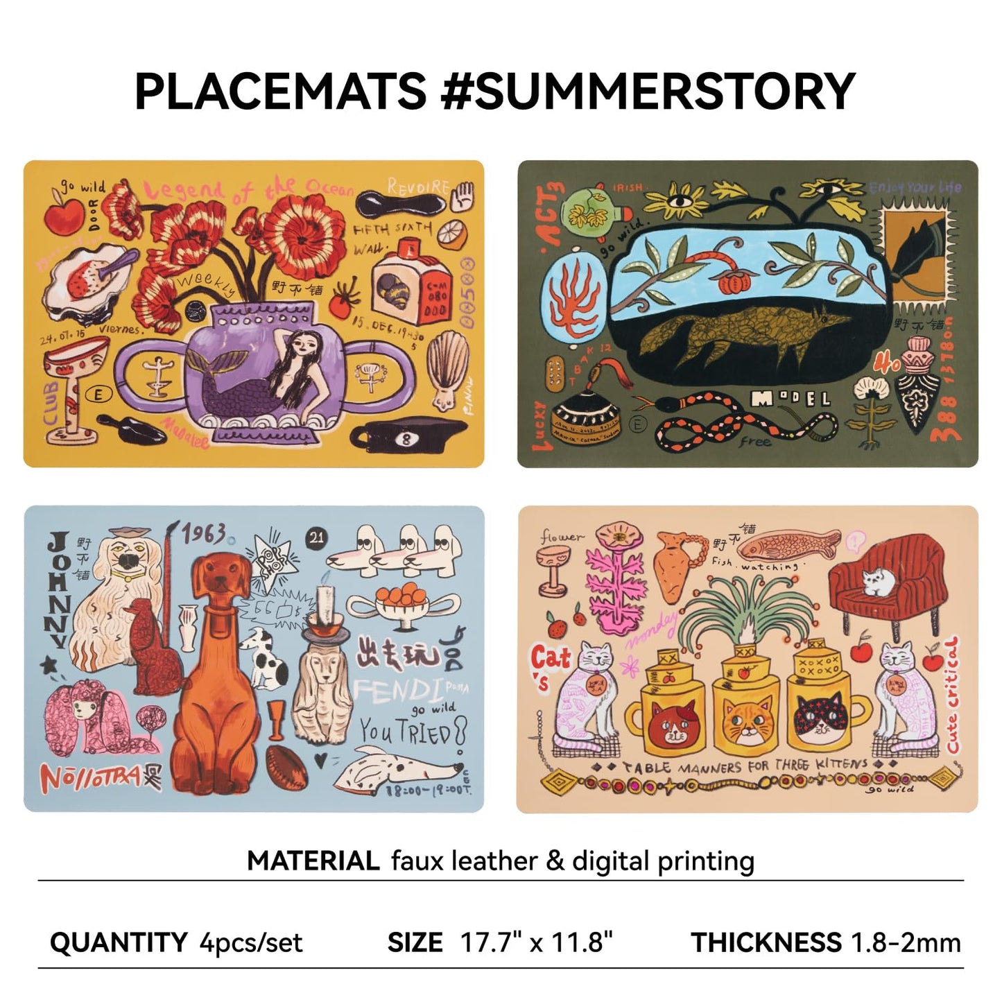 SAMCAM Placemats Set of 4 with Hand-Drawn Illustrations, 17.7" x 11.8", Faux Leather Place Mats, Waterproof, Heat Resistant, Anti-Slip, Easy to Clean, Table Mats for Dining, Kitchen, Coffee Table