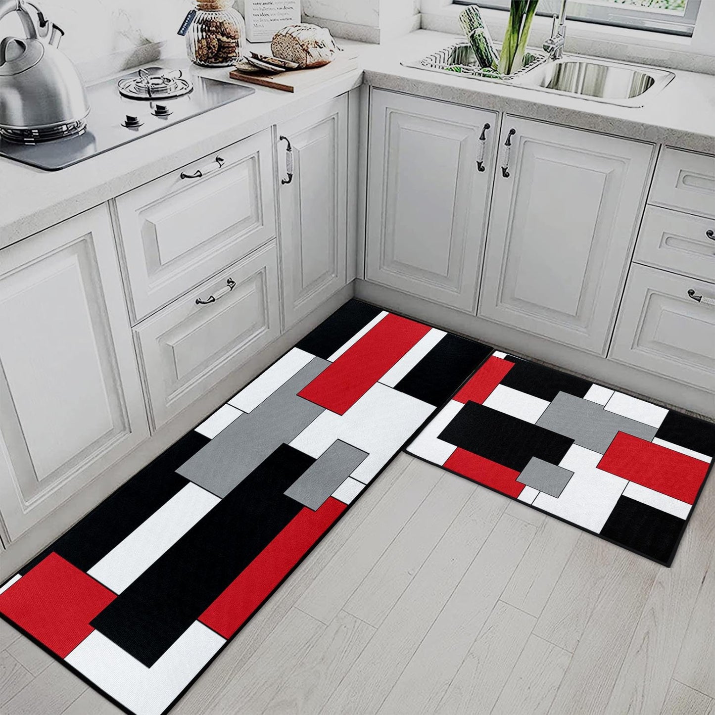 Tayney Red Geometric Kitchen Rugs and Mats Non Skid Washable Set of 2, Checked Black Grey Mats for Floor, Rustic Minimalist Runner Rug, Modern Abstract Kitchen Decor