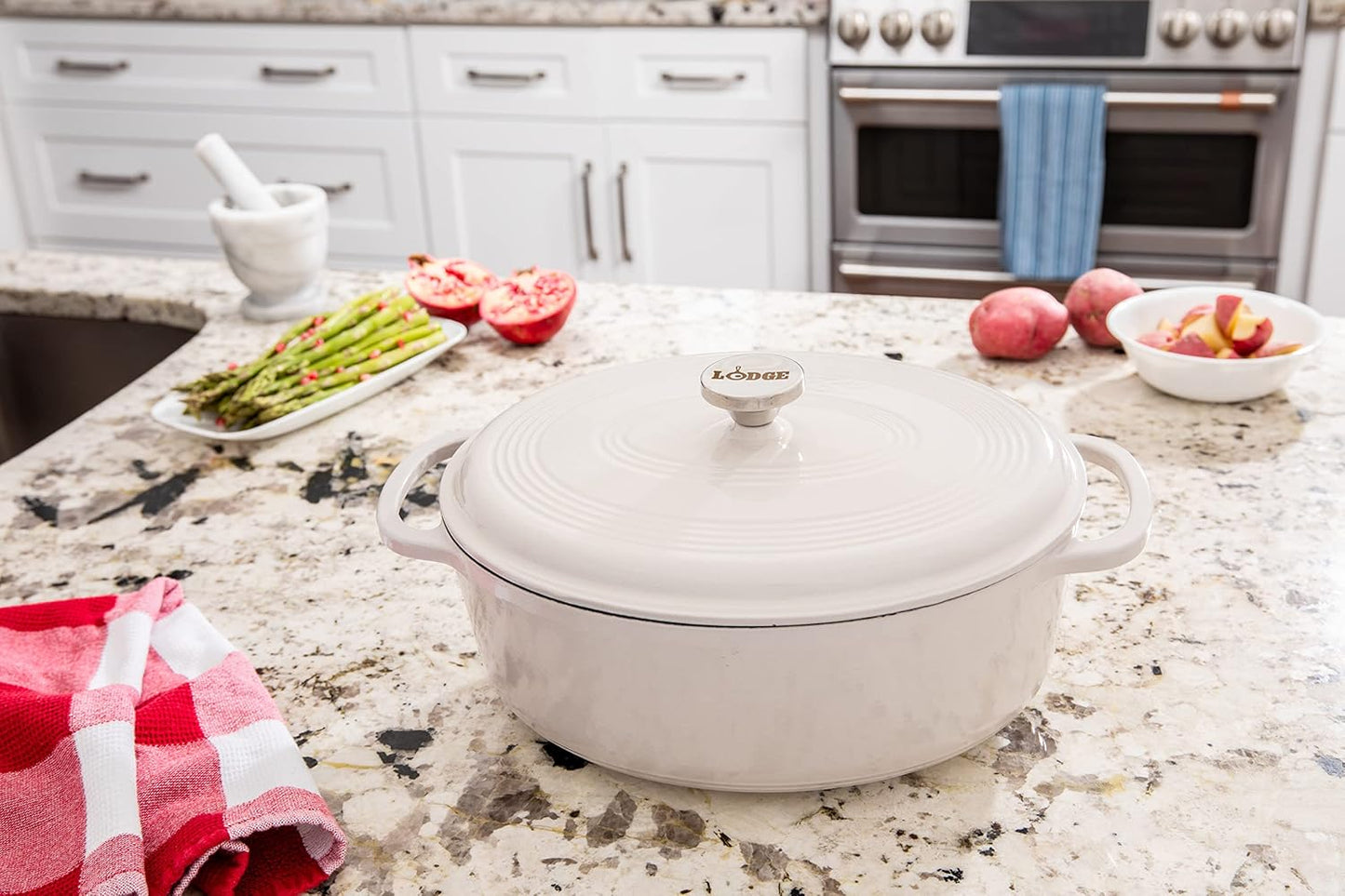 Lodge Enameled Cast Iron Oval Dutch Oven - 7 Quart with Lid & Dual Handles - Oven Safe to 500°F - Oyster White