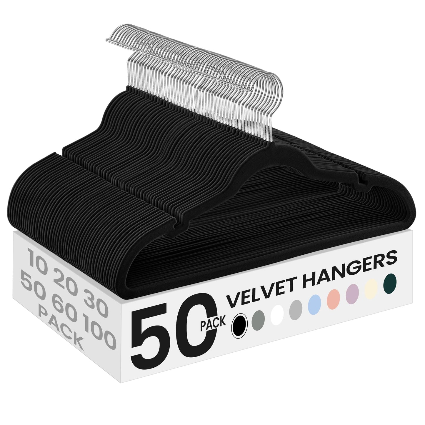 SONGMICS Velvet Hangers 50 Pack, Non-Slip Clothes Hangers, with Shoulder Notches, Pants Bar, 360° Swivel Hook, Space-Saving, for Closet, Ink Black UCRF029B05