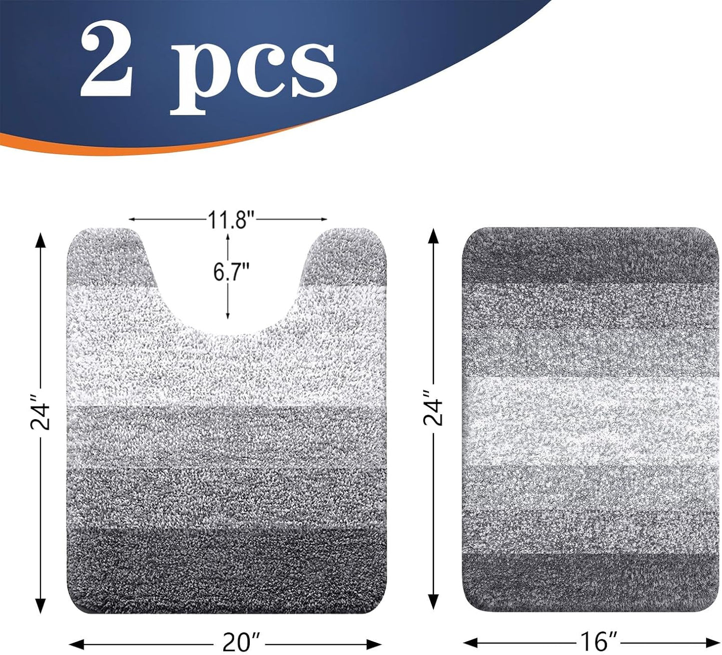 OLANLY Bathroom Rug Set - Soft Absorbent Microfiber Mats with Non-Slip Design | 2-Piece Grey Set (24"x16" & 24"x20")