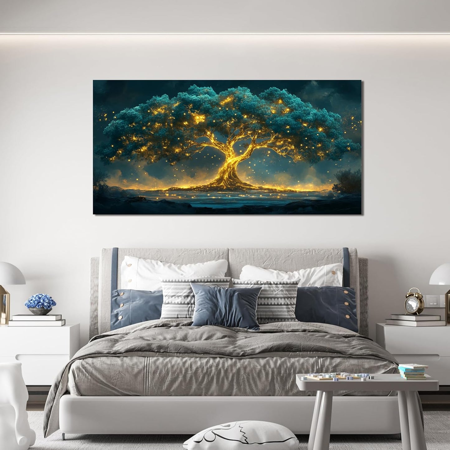 Skiennix Canvas Wall Art - Tree of Life Design in Green & Gold | 20" X 40" for Living Room Decor