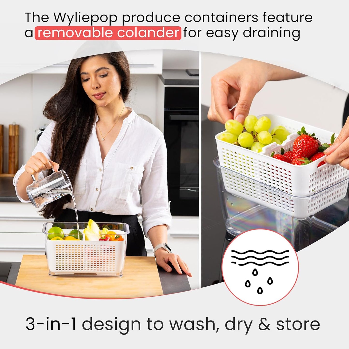 Premium Fruit Storage Containers - 3-in-1 Produce Organizer with Strainer & Colander | Large Clear Set of 3