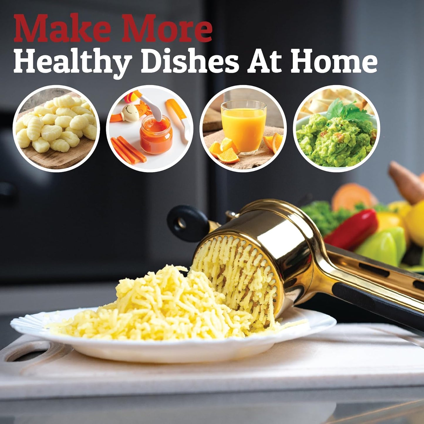 PriorityChef 15oz Potato Ricer - Heavy Duty Stainless Steel Masher for Perfect Mashed Potatoes | Gold & Black