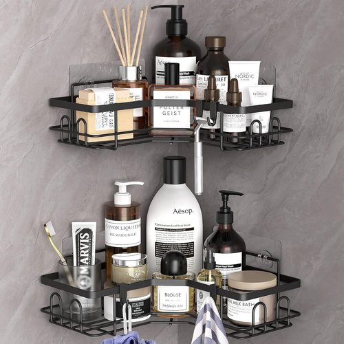 HuggieGems Corner Shower Caddy Organizer - 2 Pack Black Bathroom Shelves with Hooks for Efficient Storage