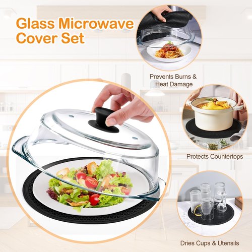 Glass Microwave Splatter Cover for Food with Microwave Place Mat - Sturdy Plate Guard Lid with Vent Holes and Easy-Grip Silicone Handle - BPA Free, Dishwasher Safe (Black)
