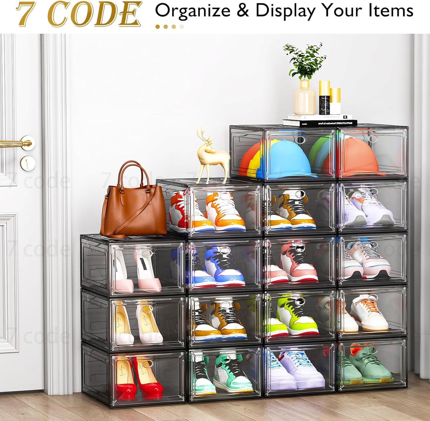 Skiennix Clear Shoe Storage Organizer - Thicken & Sturdy Stackable Boxes | 6 Pack, Black with Magnetic Door