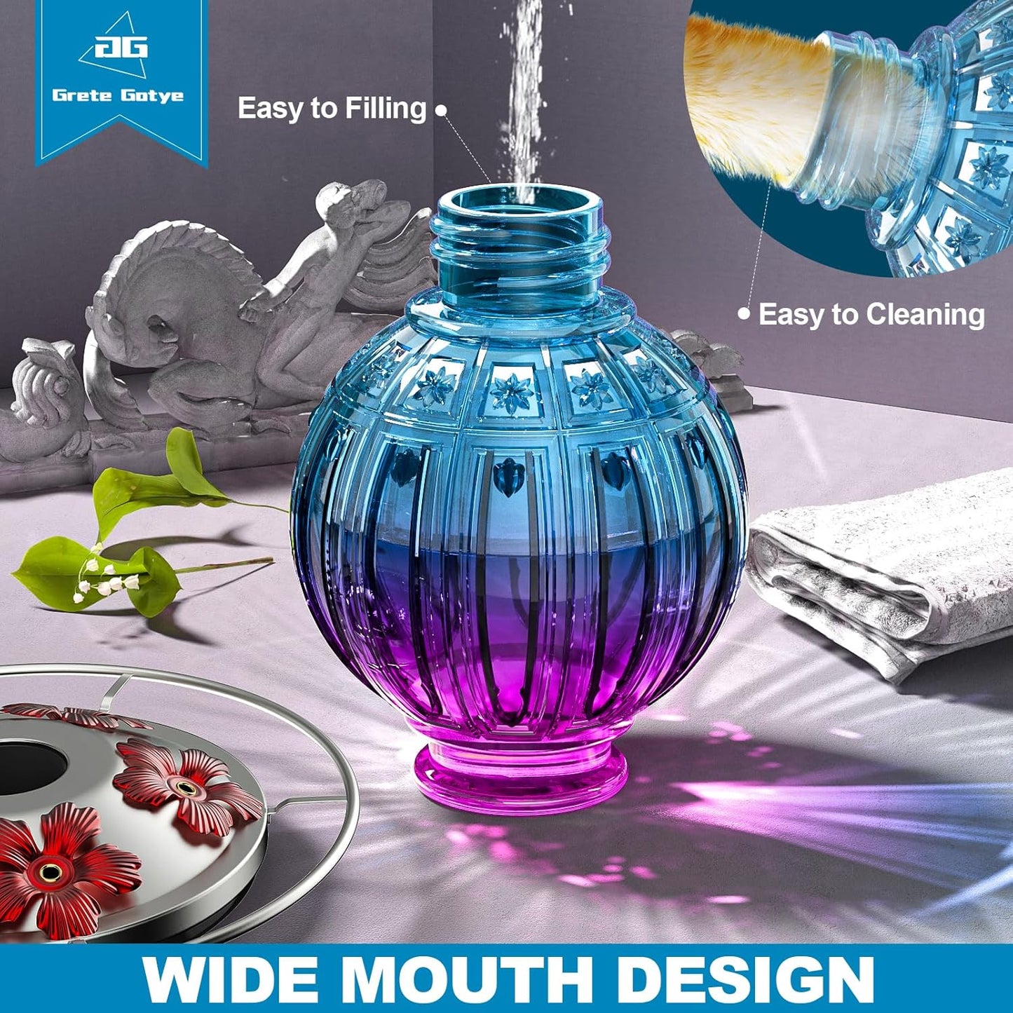 Skiennix Glass Hummingbird Feeder - 26Oz Outdoor Nectar Feeder with Perch & 5 Feeding Ports | Purple Blue