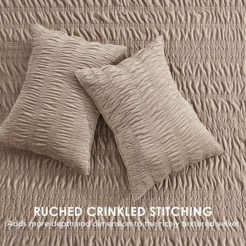Evergrace King Size Quilt Set - Luxury Ultra Soft Ruched Bedding with 2 Shams | Lightweight Vintage Textured Bedspread in Khaki Tan