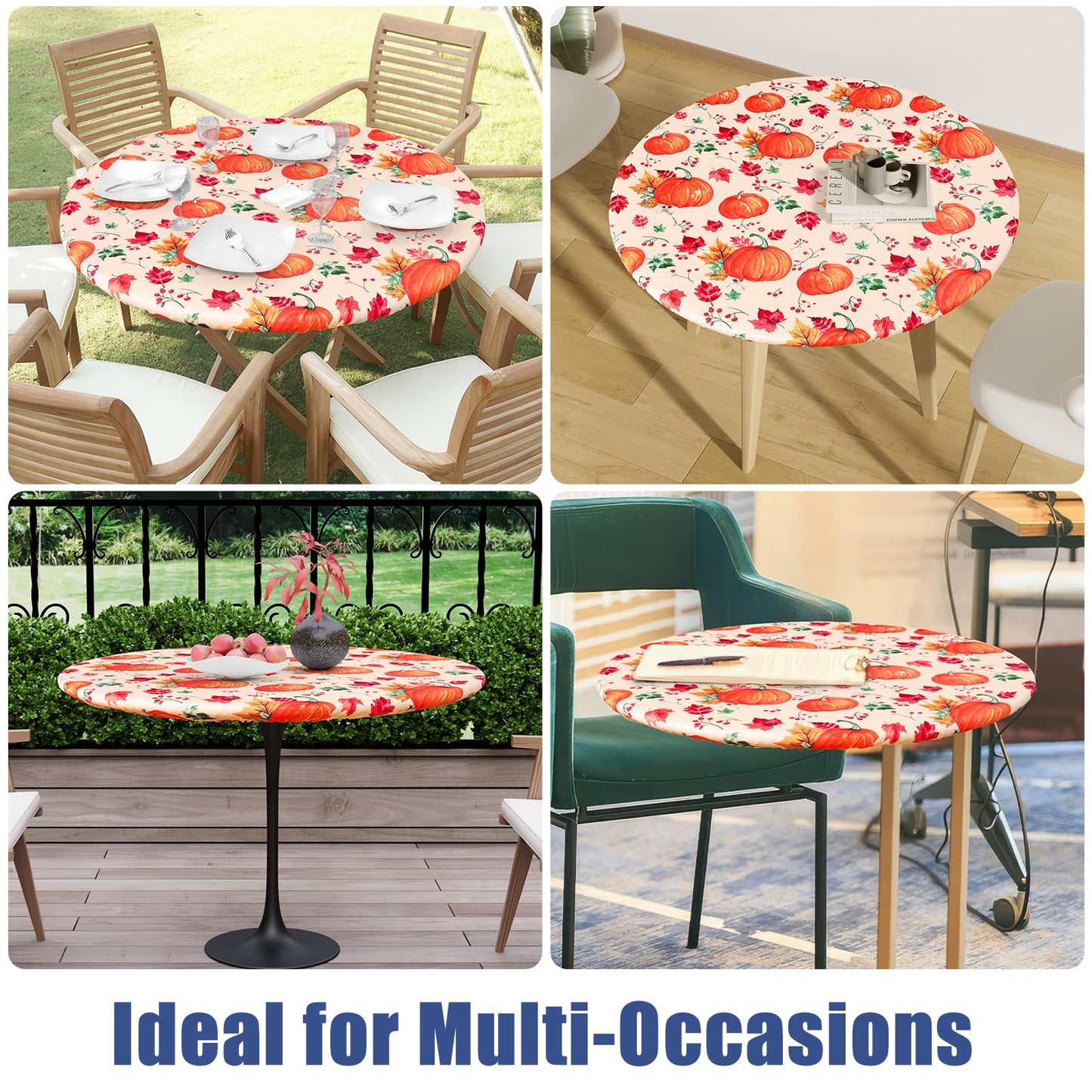 Moosfor Round Spandex Thanksgiving Tablecloth, Elastic Fitted Waterproof Tablecloths for 45"-56" Tables, Stretch Washable Picnic Table Cover for Autumn Harvest Parties, Pumpkin Leaf