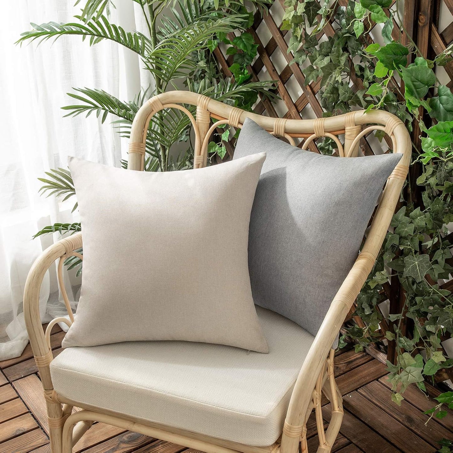 Woaboy Outdoor Waterproof Throw Pillow Covers - Set of 2 Beige Linen Cushion Cases | 16x16 Inch for Patio & Living Room