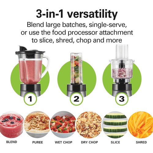 Hamilton Beach Blender & Food Processor Combo - 700W for Smoothies & Shakes | 40 oz Glass Jar, Gray & Black