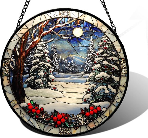 DASTOLL Stained Glass Window Hanging | Christmas Tree Winter Snow Night Suncatcher - 9.8" Home Decor Gift