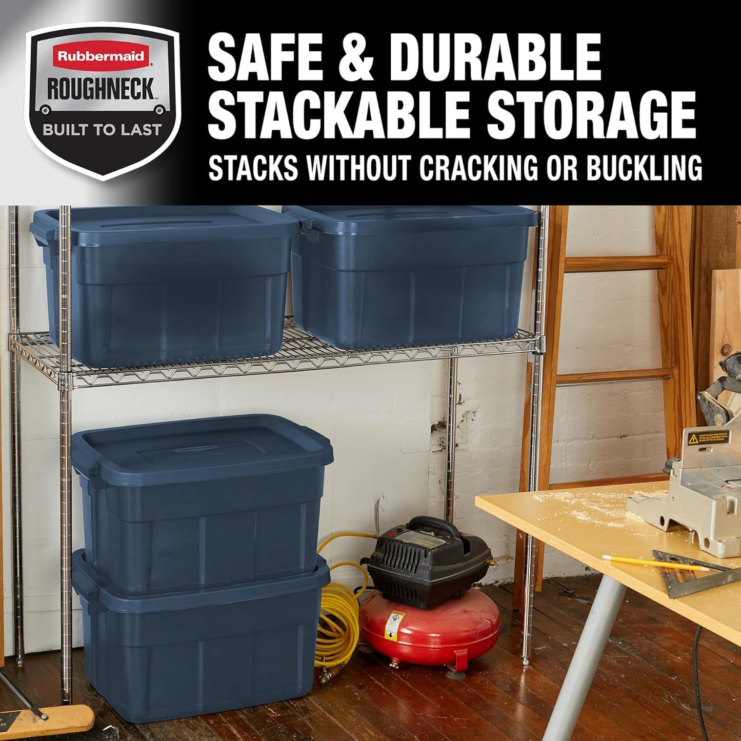 Rubbermaid Roughneck 14 Gal Tote - Rugged Stackable Storage Bins with Lids | Dark Indigo Metallic, 6 Pack