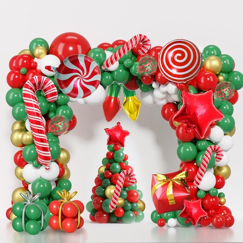 JANEF 135pcs Christmas Balloon Garland Arch Kit with Foil Candy Stars Cane Gift Box Balloons for Christmas Holiday Birthday Xmas Supplies Party Decoration