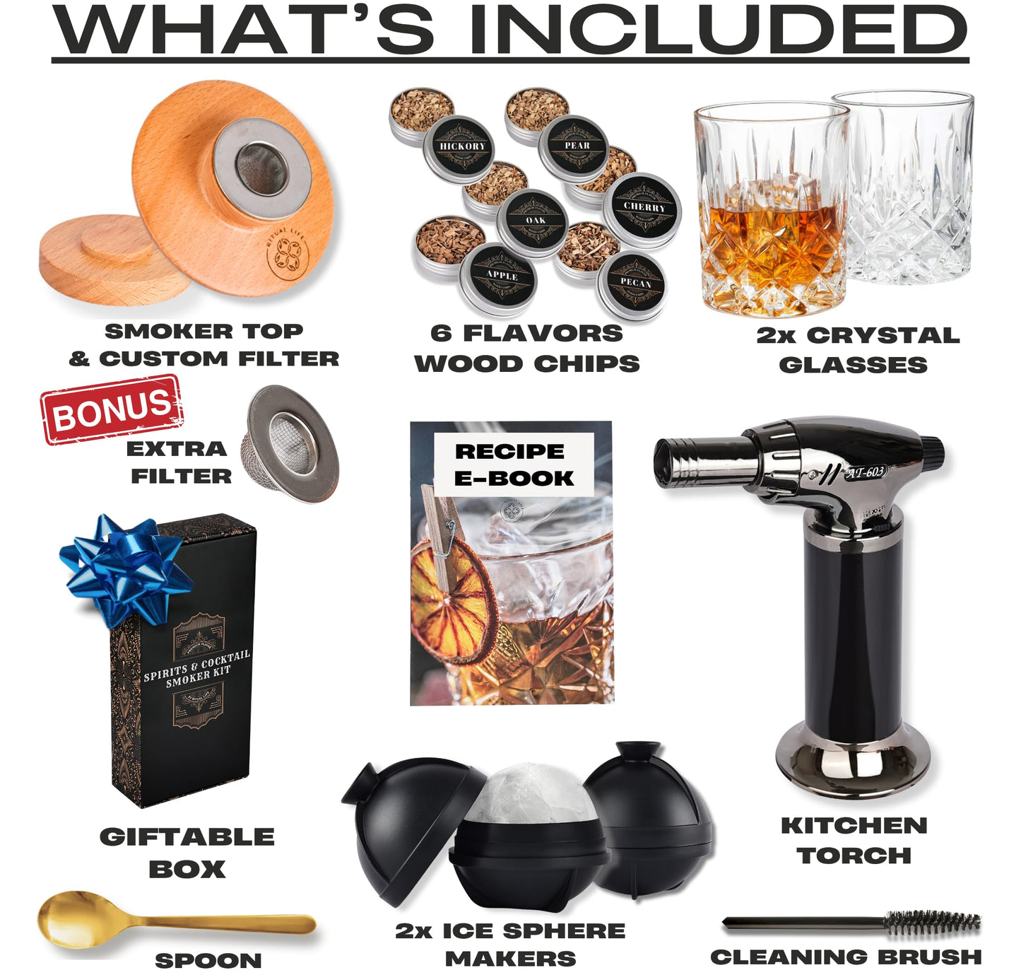 Whiskey Smoker Kit - Cocktail Smoker Kit with Torch, 2 Whiskey Glasses, 2 Ice Ball Makers, 6 Flavors Wood Chips - Old Fashioned Smokers - Bourbon Drink Smoking Set - Whiskey Accessories Gifts for Men
