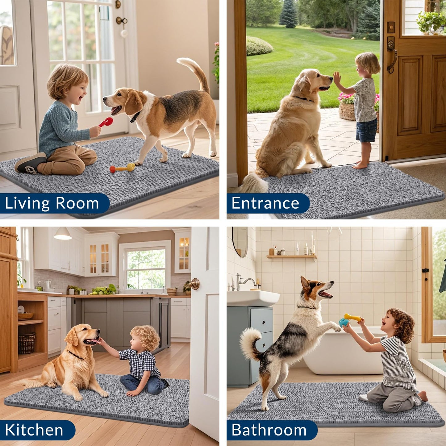 Smiry Dog Door Mat for Muddy Paws 44x32, Absorbent Dirt Trapper, Non-Slip Washable Chenille Entryway Rug for Inside Floor, Grey, Classic Solid