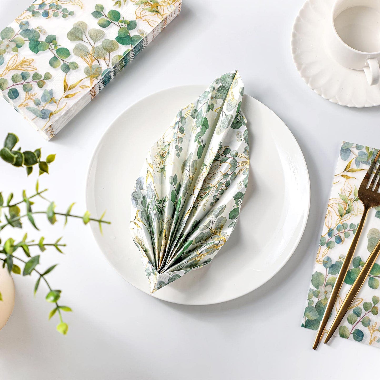 Spiareal 120 Pcs Greenery Paper Napkins 3 Ply Disposable Hand Towels for Bathroom Green Eucalyptus Leaf Guest Decorative Dinner Napkin for Bridal Baby Shower Wedding Birthday Spring Party
