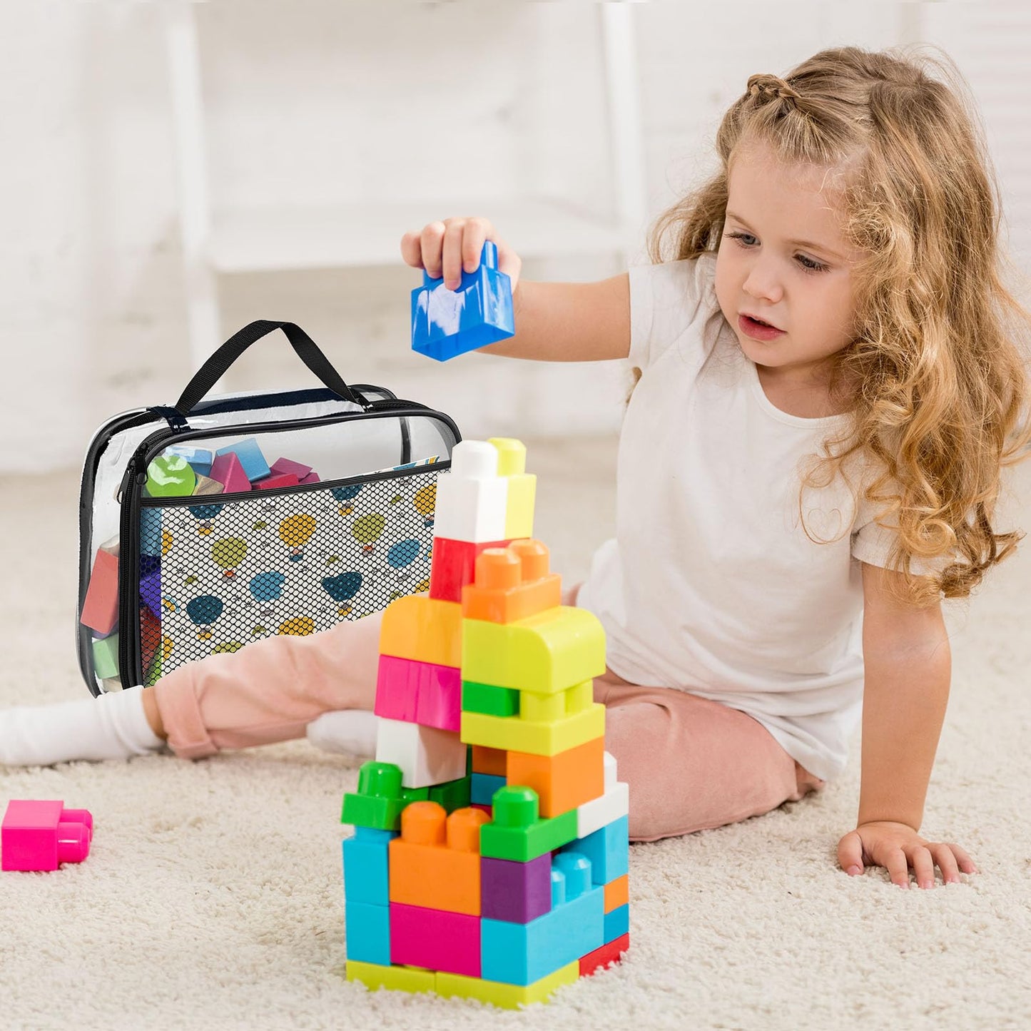 4 Pack PVC Toy Zippered Blocks, 11.8"X3" X9" Travel Storage Case Bags for Organizing, Waterproof Toy Storage Bags with Mesh Pockets for Building Blocks, Puzzles, Clays,Toy Cars