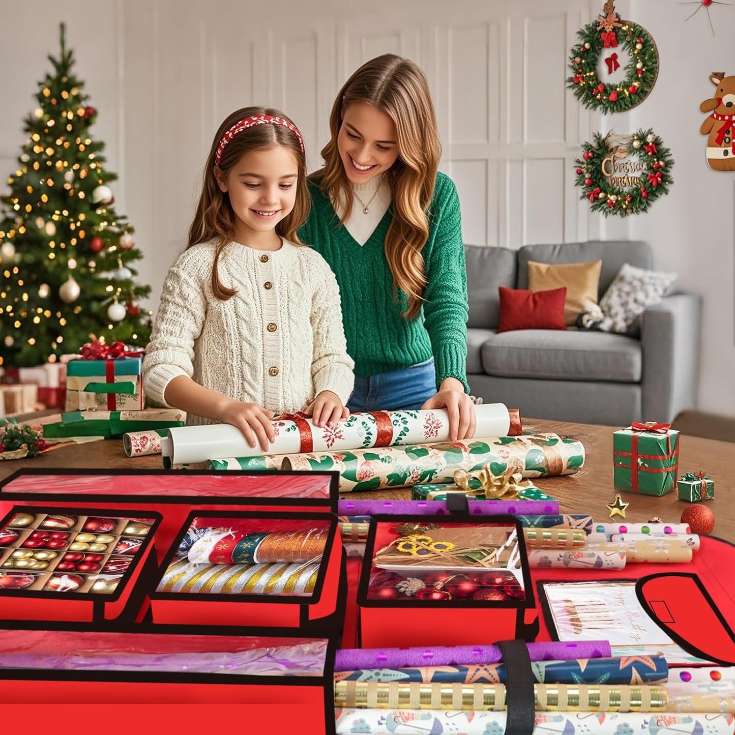 Woodoulogy Extra Large Red Double-Sided Christmas Gift Wrapping Paper Storage - 48x24 Oxford Organizer
